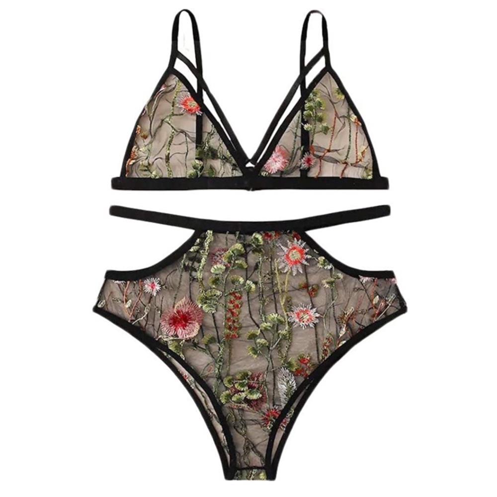 Sheer Black Floral Embroidered Bra & Panty Set - Picture 2 of 8